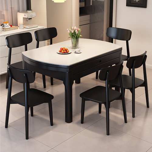 蓝色理想实木岩板餐桌椅组合家用小户型可变圆桌复古风吃饭桌子