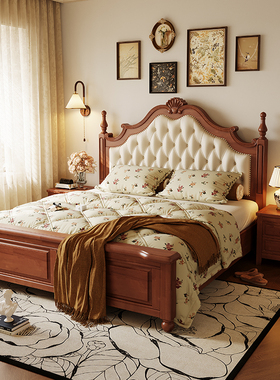 蓝色理想美式复古实木床主卧大床1米8田园风软包1米5双人床婚床