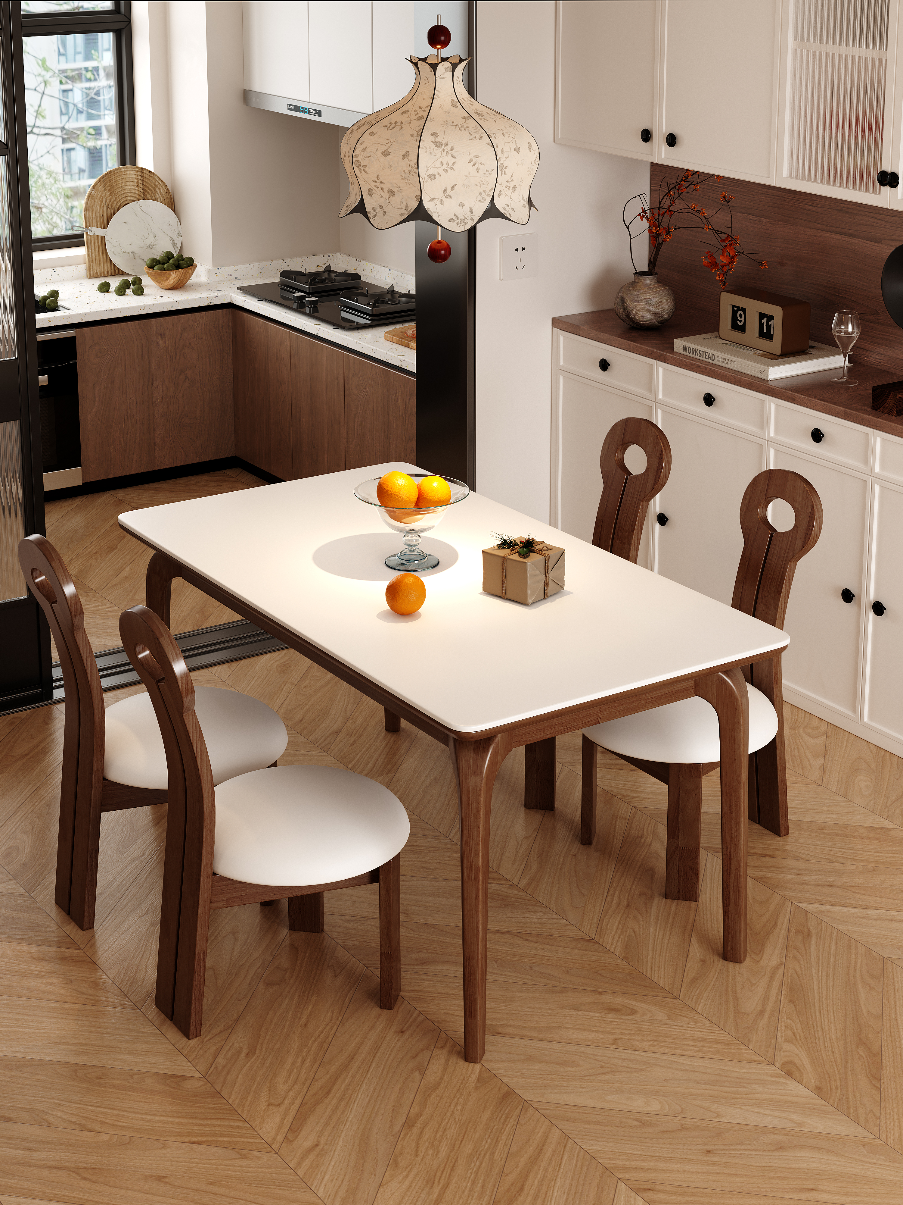 蓝色理想法式覆古风实木岩板餐桌椅组合家用2025年新款长方形饭桌