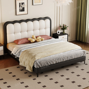 政府补贴蓝色理想法式奶油风真皮床现代简约面包儿童床1.8m软包床