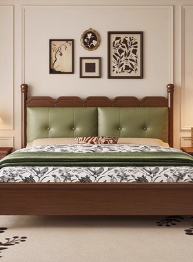 政府补贴蓝色理中古风全实木床主卧现代简约1.8米复古双人软包床