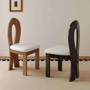 蓝色理想实木餐椅中古复古风家用高级感餐厅靠背PU皮椅人鱼餐椅