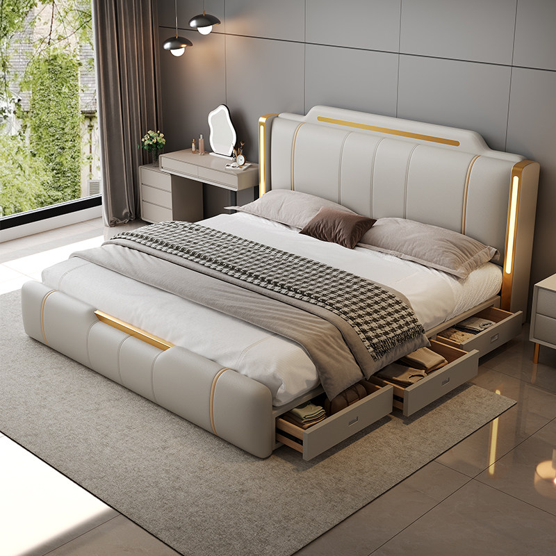 政府补贴蓝色理想2025新款主卧高端轻奢真皮大床带灯2m双人储物床