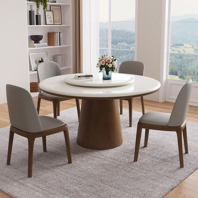 蓝色理想轻奢圆桌大理石餐椅转盘