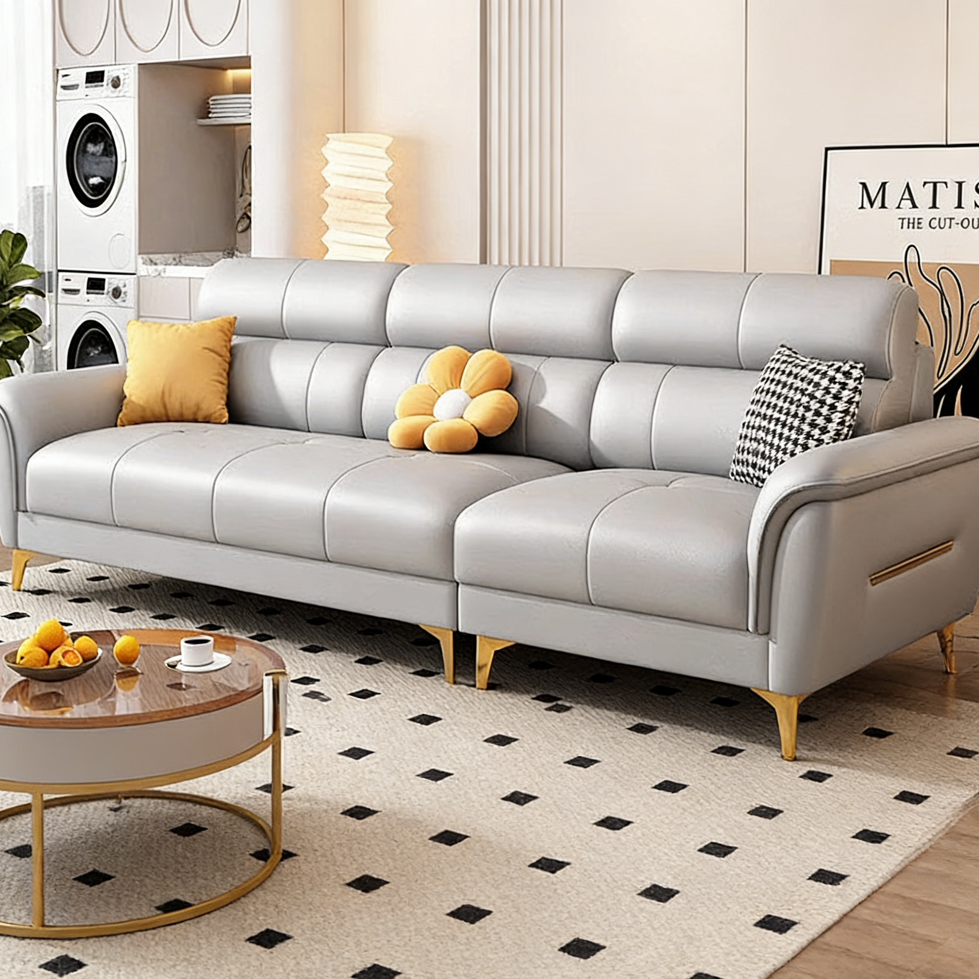 政府补贴蓝色理想现代简约奶油风真皮沙发小户型家用客厅直排沙发