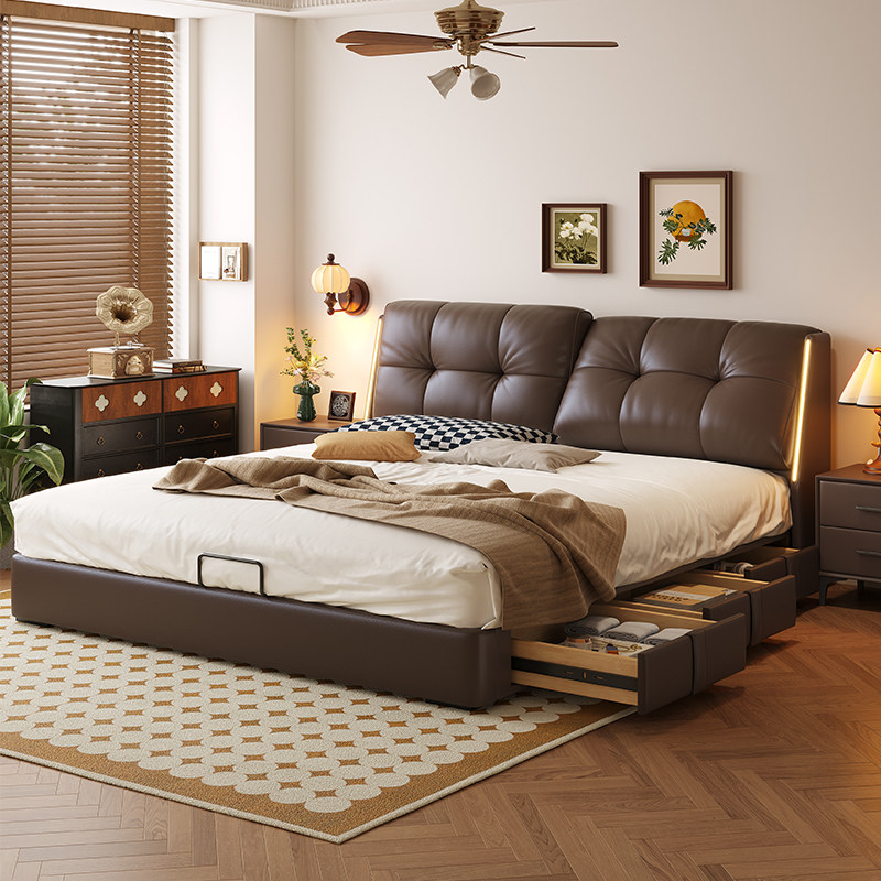 政府补贴蓝色理想复古风带感应灯真皮床2026新款可调节多功能床头