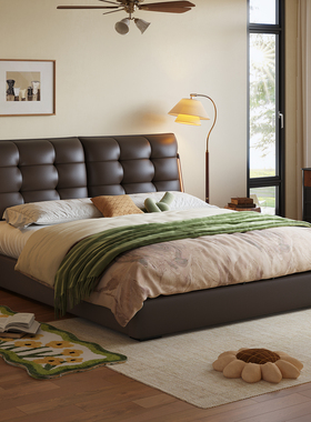 政府补贴蓝色理想主卧带灯真皮床双靠高端大气1.8m双人软包储物床