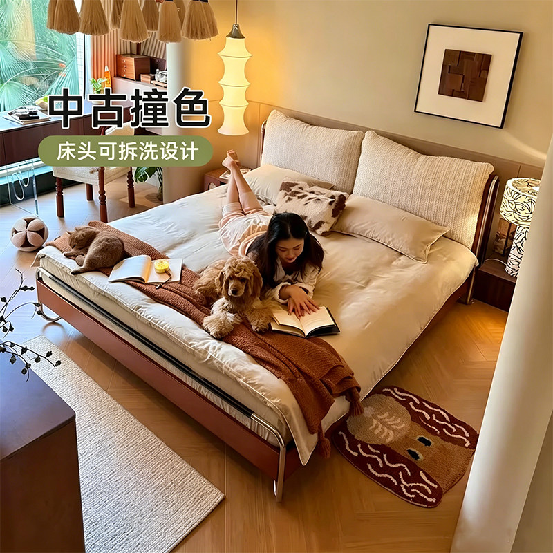 政府补贴蓝色理想中古风流影布艺实木床主卧1.8米可拆洗软包大床图片