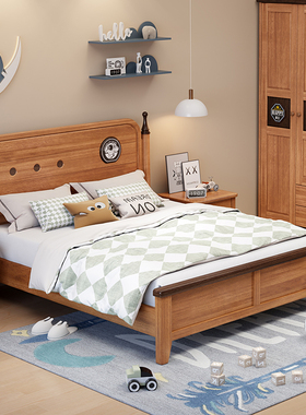 政府补贴蓝色理想奥古曼全实木床青少年男孩女孩1.2-1.8米卧室床