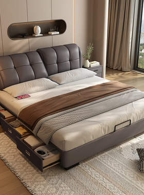 政府补贴蓝色理想多功能真皮床主卧高端大气储物带收纳抽屉双人床