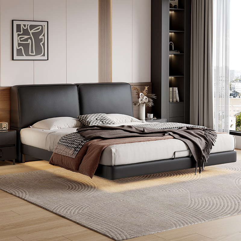 政府补贴蓝色理想大黑牛悬浮真皮床主卧带感应灯极简1.8m双人床,住宅家具,皮艺床,淘宝优惠券,粉丝福利购,淘宝优惠卷