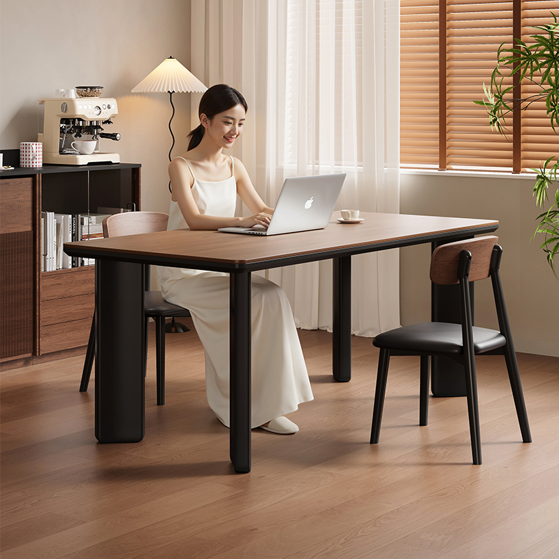 蓝色理想复古黑胡桃全实木餐桌椅组合长方形家用办公桌轻奢高级感