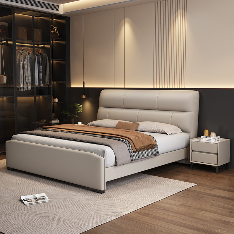 政府补贴蓝色理想意式极简真皮床高端大气1.8米轻奢主卧软包婚床