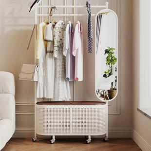 家用衣帽架收纳柜一体带镜子衣架落地卧室挂衣架穿衣镜一体可移动