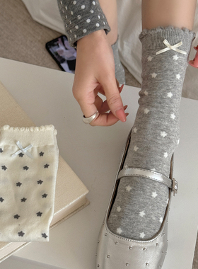 白灰色波点花边袜子女中筒袜春夏薄款日系可爱jk蝴蝶结堆堆袜甜美