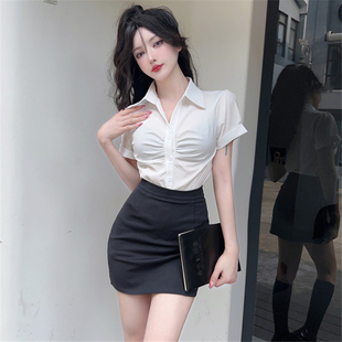 夏天衬衣搭配半身裙套装上衣女夏职业工作服包臀裙子衬衫上白下黑