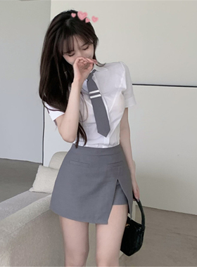 修身气质制服职业装白衬衫短袖女夏季ol工作服衬衣包臀裙前台套装