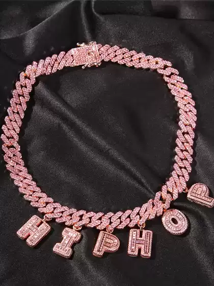 New Zircon Letter Customized Cuban Chain Shaped Pink DIY Splicing Cuban Chain Couple Personalized Bracelet Necklace