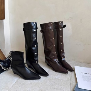 管靴 尖头坡跟高跟裤 两穿短靴不过膝长靴子女瘦瘦靴2025年冬季 新款