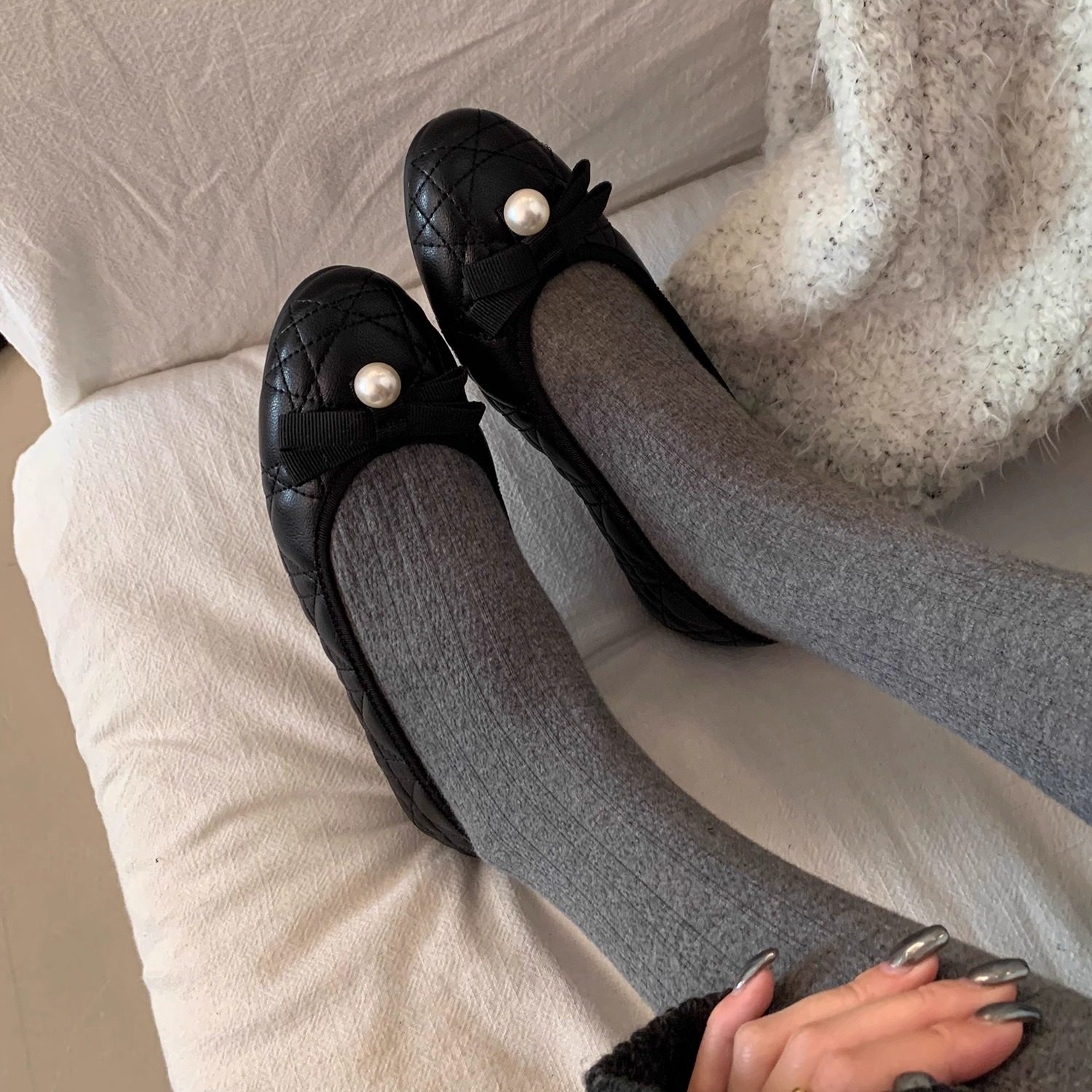 小香风芭蕾舞平底女鞋子2026早春新款浅口瓢鞋珍珠蝴蝶结加绒单鞋,女鞋,浅口单鞋,淘宝优惠券,粉丝福利购,淘宝优惠卷