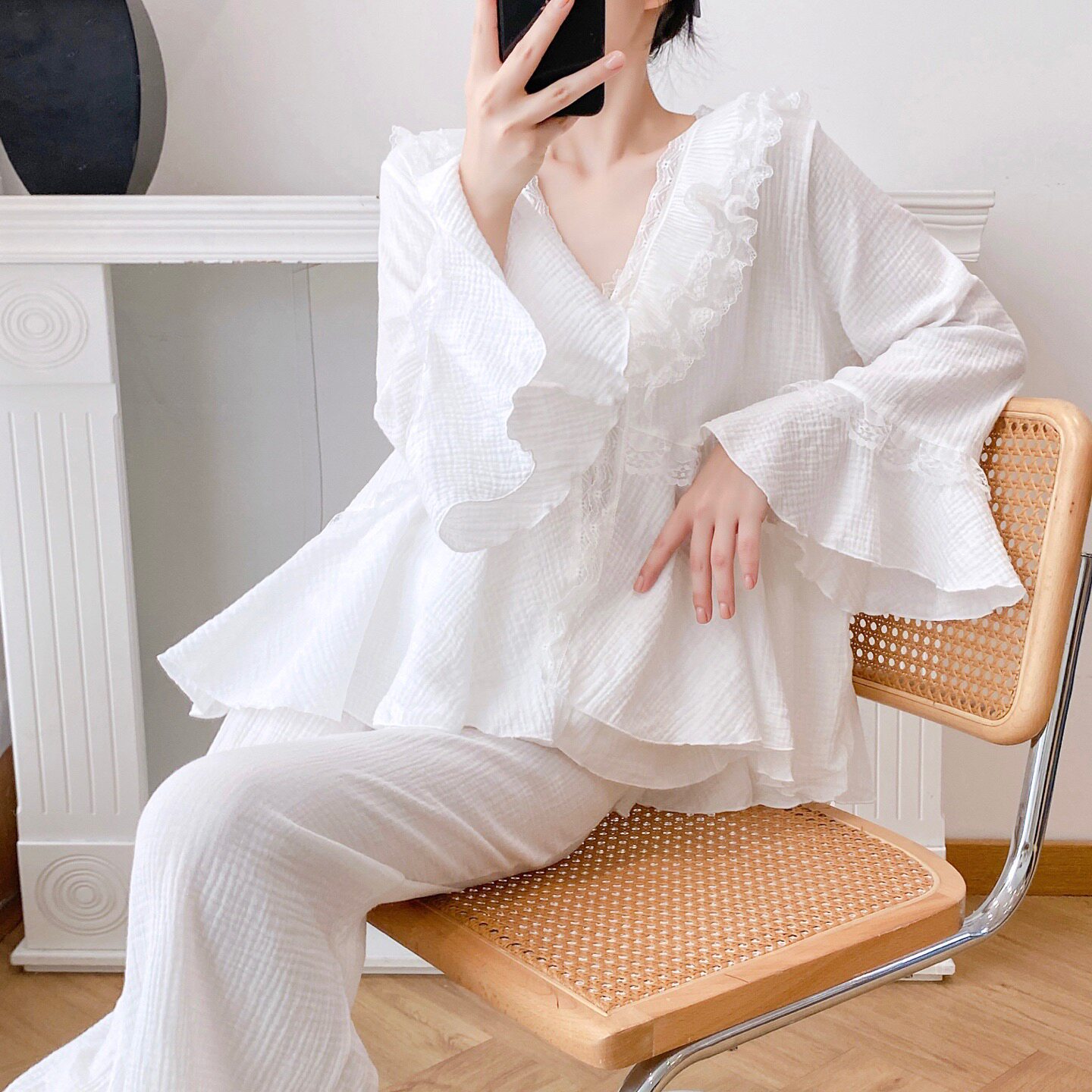 法式睡衣女春秋公主风喇叭袖带胸垫三件套纯棉纱长袖气质家居服新