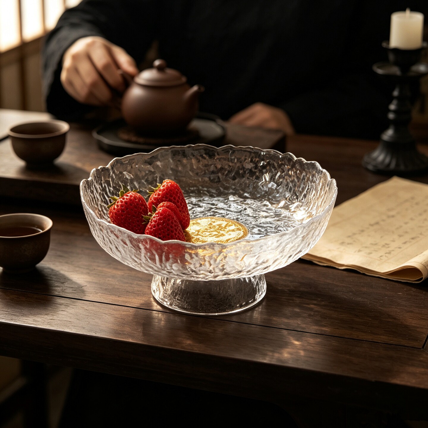 新中式玻璃水果盘客厅家用高档金箔前台糖果盘坚果干果零食摆放盘