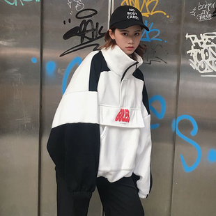 高領衛(wèi)衣女寬松加絨加厚拼色外套韓版 秋冬蝙蝠袖 潮BF原宿嘻哈上衣