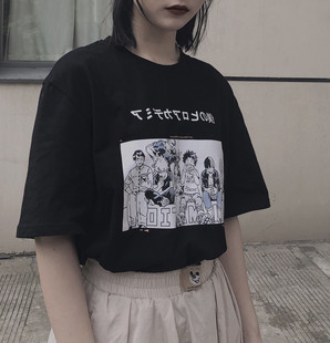 酷酷的女装帅气夏季嘻哈风T恤暗黑丧系衣服慵懒风宽松半袖卡通男