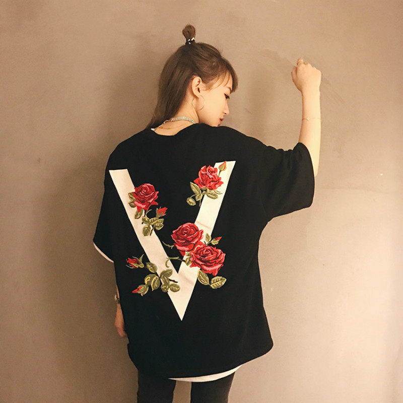 VOVAVI 国潮牌玫瑰花植绒印花大V樱花短袖T男女阴阳拼接情侣TEE恤