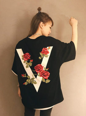 玫瑰花植绒短袖男女阴阳拼接