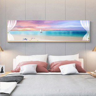 温馨卧室挂画大海风景床头u装 饰画客厅沙发M背景墙清新粉蓝色壁画