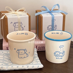 雨天听歌～可爱小狗小猫马克杯线条陶瓷杯大容量咖啡杯生日礼物