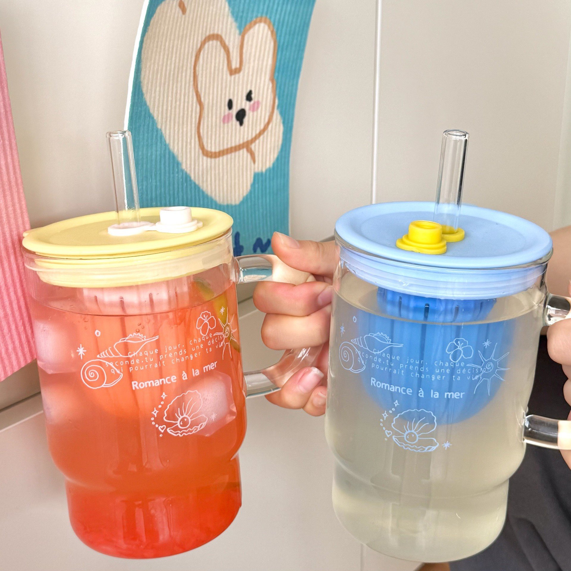 大容量海洋贝壳玻璃杯吸管杯带盖图片