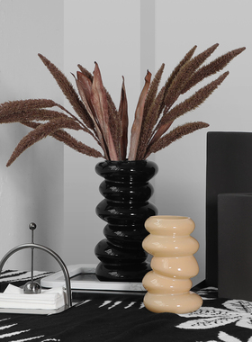 密度家居现代简约黑色奶黄色异形许愿塔玻璃花瓶客厅仿真花艺摆件