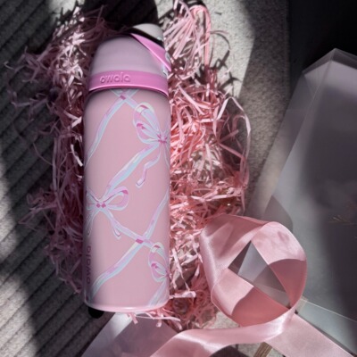 owalafreesip炫彩蝴蝶结粉色双饮运动水杯大容量不锈钢成人饮水壶