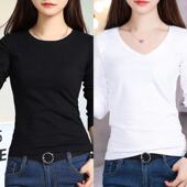 女长袖 2020新款 秋冬装 打底衫 百搭V领白色紧身t恤女内搭修身 上衣