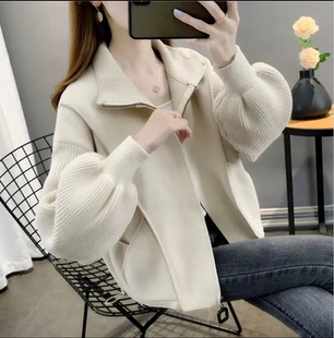 毛呢外套女秋冬2025新款韩版宽松加厚短款灯笼袖双面呢子开衫上衣