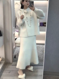 秋冬端庄大气名媛气质高级感温柔小香风白色针织毛衣小个子套裙女