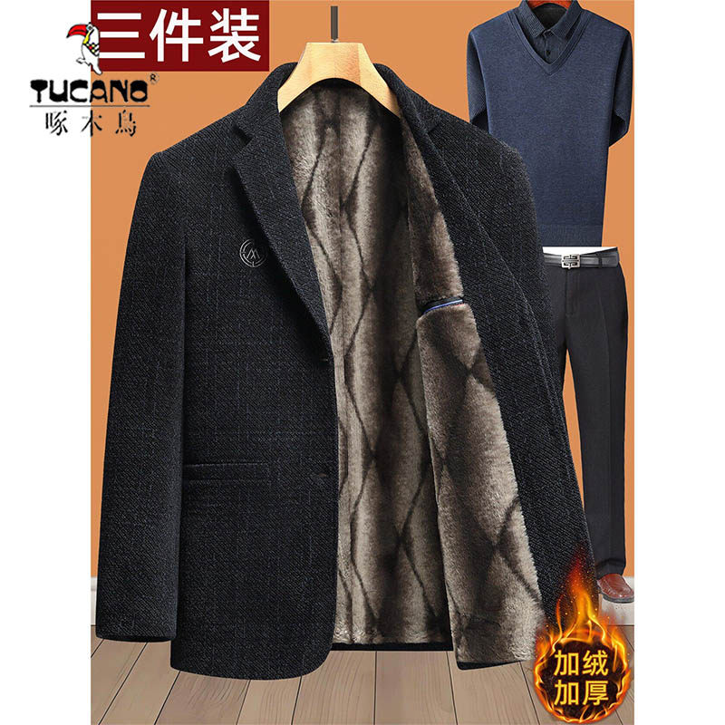 啄木鸟中年男士休闲西服爸爸秋冬装外套单西加绒加厚便西中老年冬