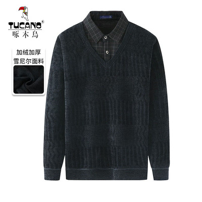 啄木鸟假两件爸毛衣加绒厚中老年