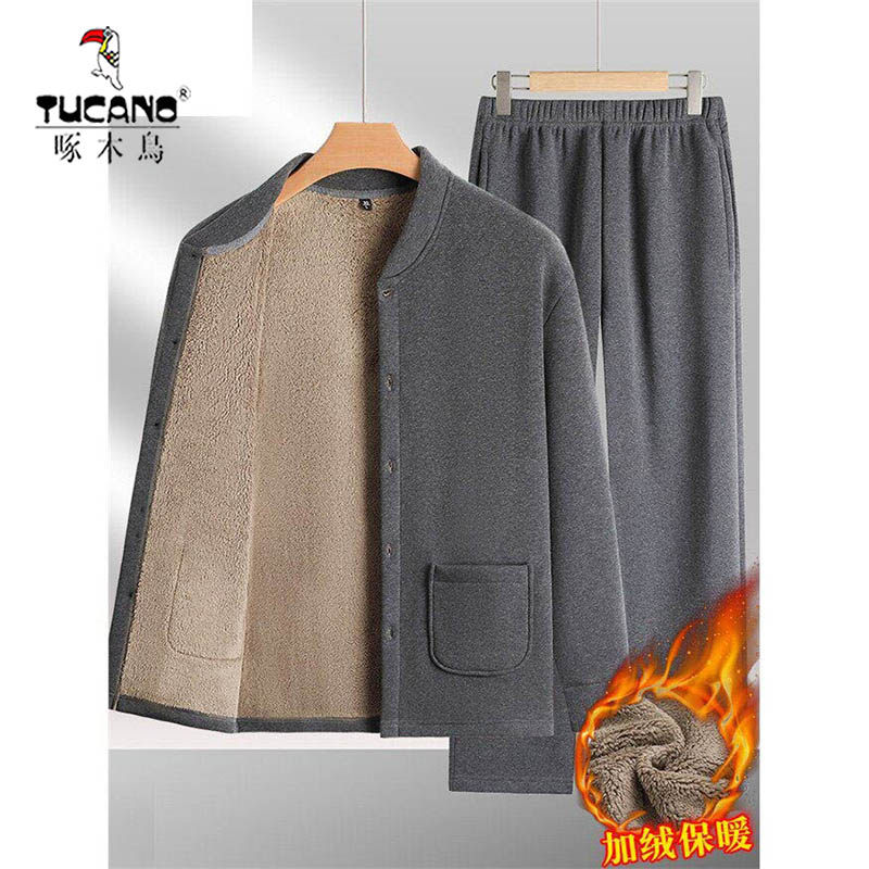 啄木鸟爸爸冬季保暖两件套装男加绒加厚家居服中老年人爷爷外套居