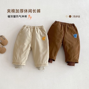 束脚裤 儿童纯色棉裤 子宝宝时尚 男童加厚贴布夹棉裤 潮 小左小右冬季