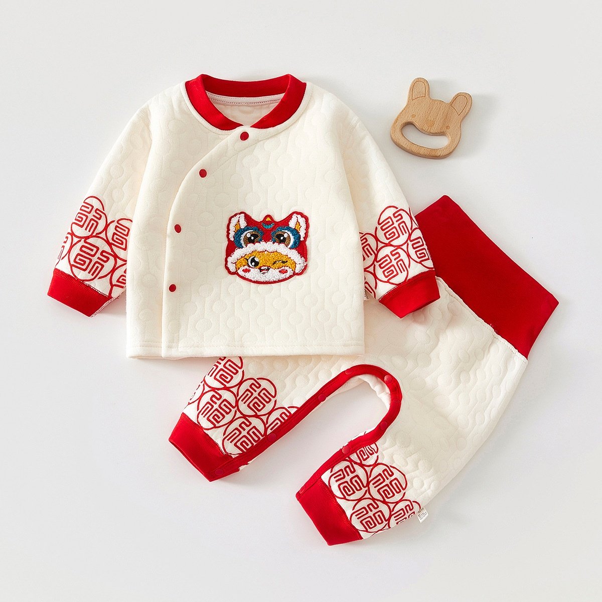 婴儿秋冬衣服夹棉分体两件套装秋季宝宝保暖高腰护肚纯棉红色内衣