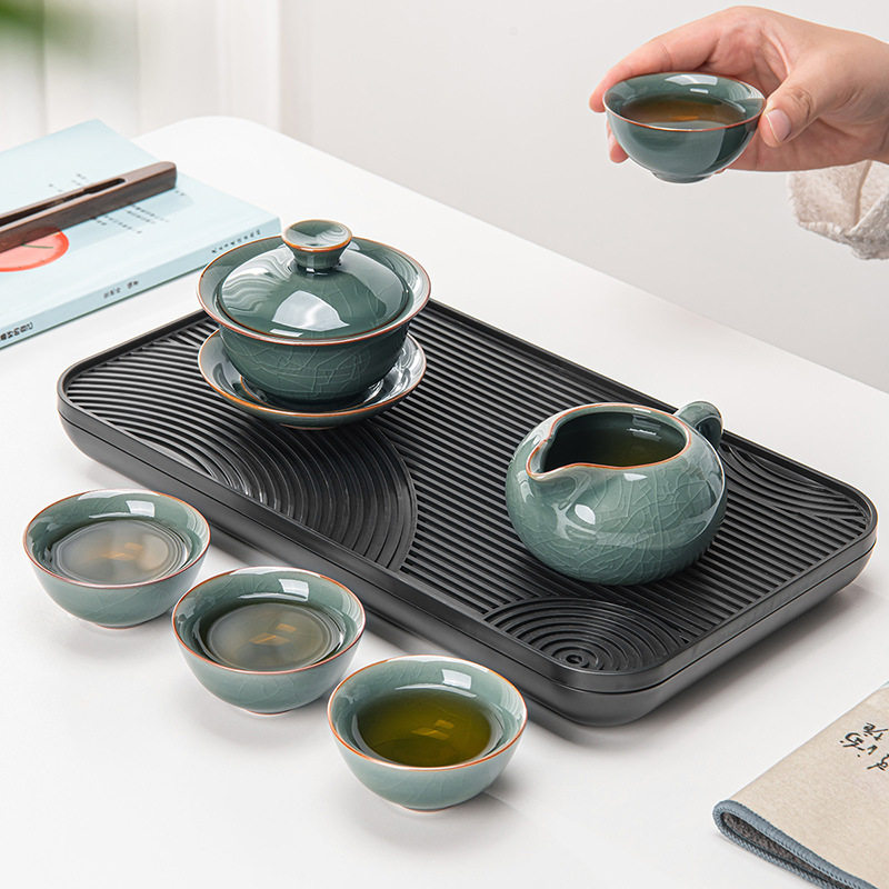 茗凯轩|中式干泡盘茶套装 陶瓷哥窑茶壶盖碗功夫茶具盘家用商务