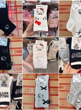 名创优品Hello Kitty白色烫钻蝴蝶结长袜子居家百搭凯蒂猫刺绣