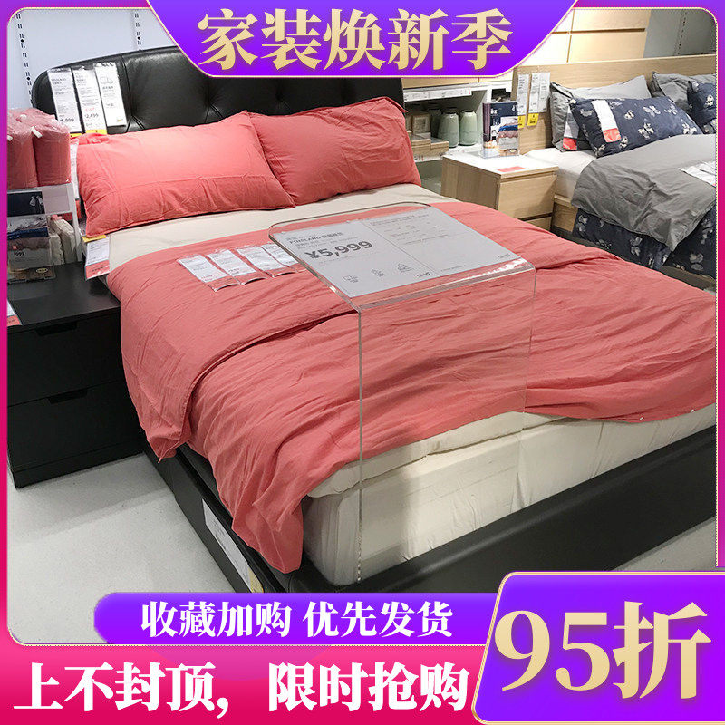 宜家国内代购真皮实木床北欧风黑色简约可加抽屉软包床头
