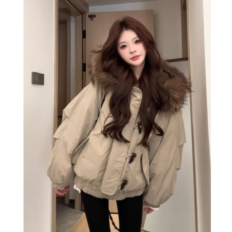 2025新款大貉子毛领牛角扣羽绒棉服女美式复古棉衣派克保外套