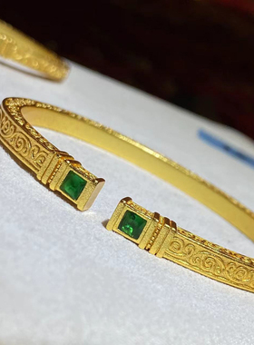 古法沙金绿色双糖塔方形开口手镯女新中式宫廷风复古花纹镯子