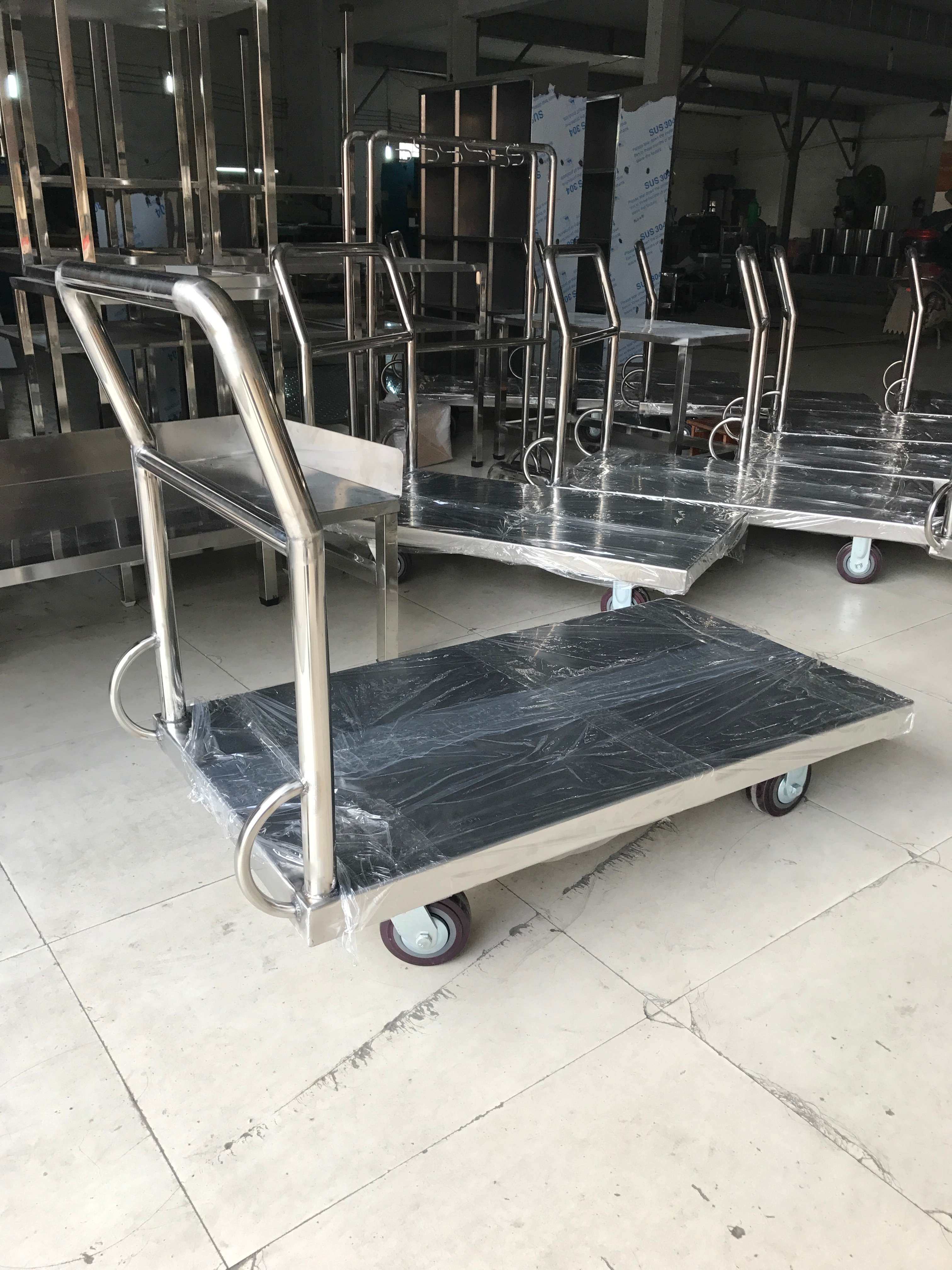 316不锈钢双封平板推车304不锈钢双包带围栏加厚双层无尘间移动车