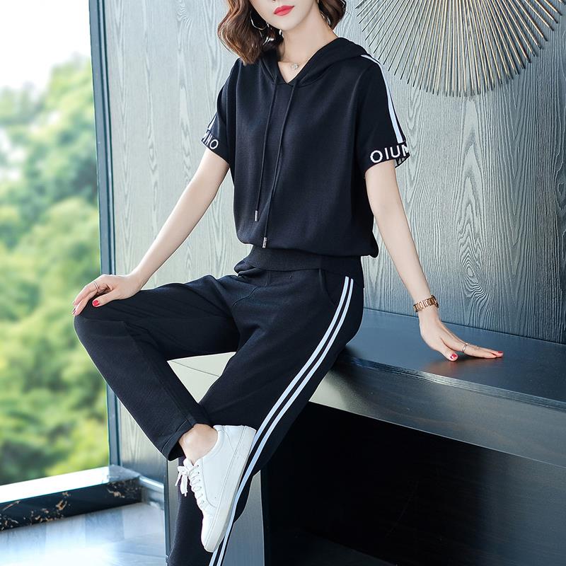 夏天运动套装女薄款t恤休闲卫衣时尚冰丝针织运动服洋气两件套潮